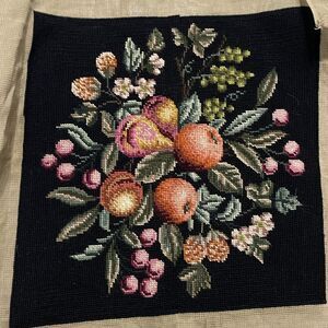 Vtg Needlepoint Tapestry Handmade Fruit Floral Finished Panel 15”x15” Decor